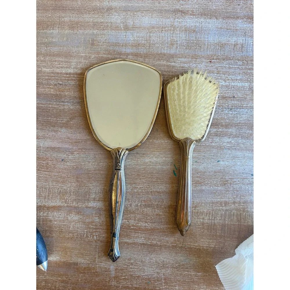 Vintage Gold Tone Vanity Set Hand Mirror Hair Brush Floral Embroidery Art Deco